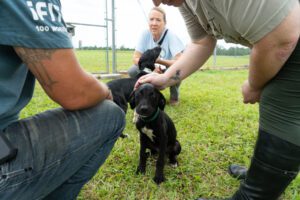 emaciated puppy and staff members at Soperton Treutlin Animal Control in Georgia